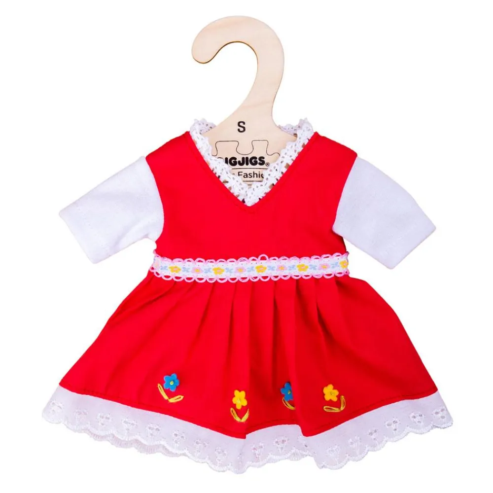 red_dress_with_floral_tri_0.webp Clearance Red Dress with Floral Trim (for Size Small Doll) Soft Rag Dolls | Soft Toys