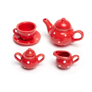 New Red Polka Dot Porcelain Tea Set Play Shop Cook And Share | Wooden Toy Food Sets